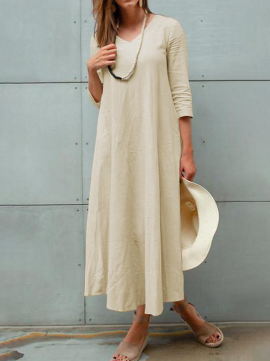 V-neck Solid Color Loose Retro Dresses-Mayoulove