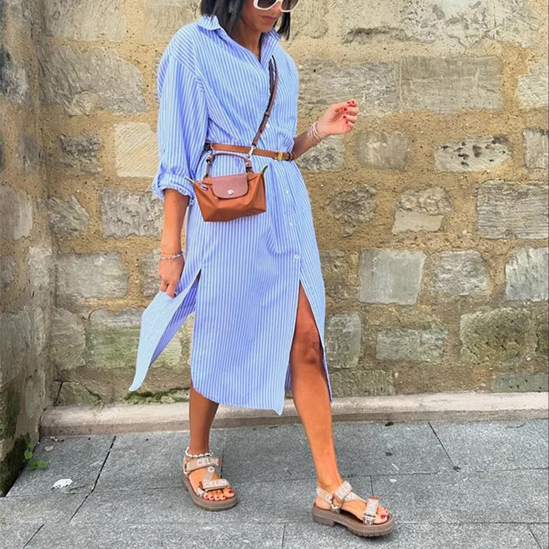 Woherb Woherb Spot Fall 2024 New Ladies Fashion Stripe Print Medium Long Dress-Outfit Ideas