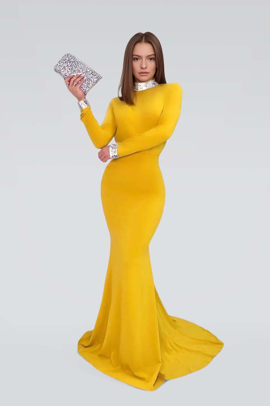  Simple Yellow Mermaid Prom Dress Long Sleeve with Open Back YL0132