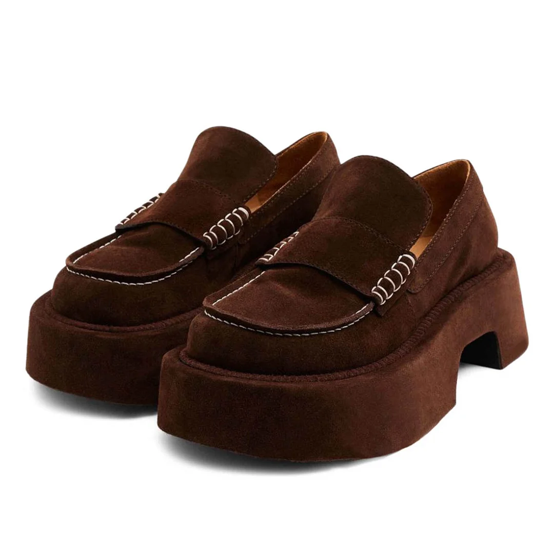 Dark Brown Vegan Suede Round Toe Classic Chunky Loafers Women