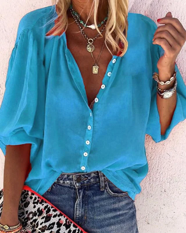 Women's Blouse Shirt Solid Colored Plain Long Sleeve Print Shirt Collar Tops Loose Basic Top Blue Red Yellow-808