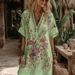Women's Floral Embroidery Art V Neck Comfy Midi Dress - Image 4