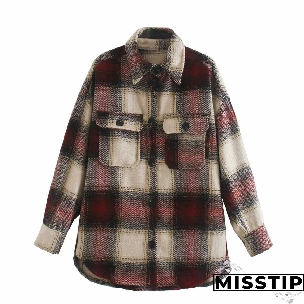 Classic Thick Colorblock Checked Button Down Shirt Jacket Woolen