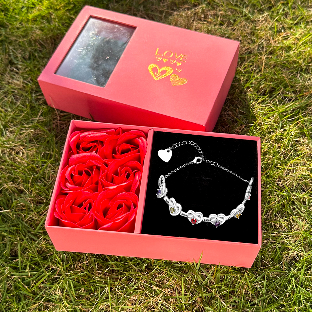 Braccialetto da cuore a cuore personalizzato con 6 pietre di nascita e 6 nomi personalizzati regalo per donna