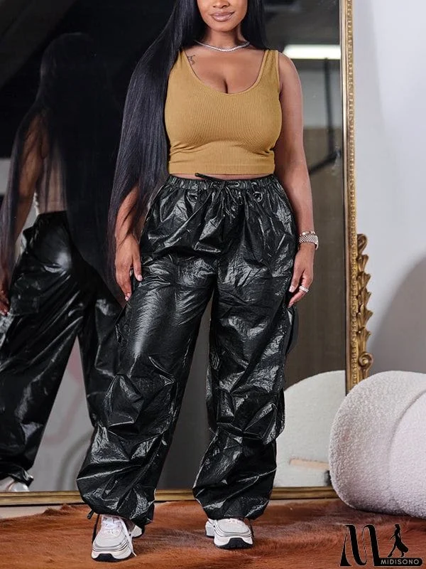 MidiSono - High Waisted Loose Drawstring Elasticity Pockets Split-Joint Pants Trousers