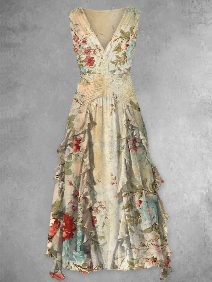 Retro Boho Floral Print V-Neck Chic Sleeveless Maxi Dress