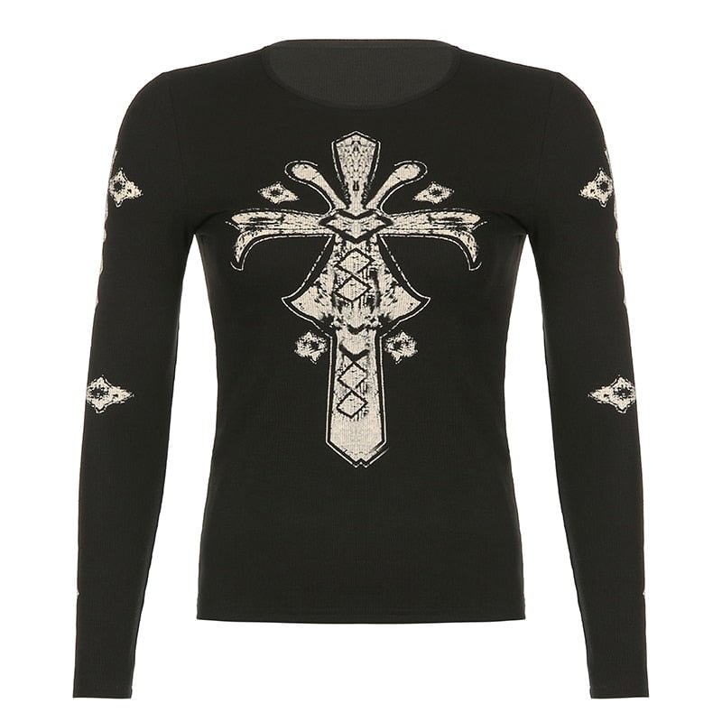 Darlingaga Grunge Goth Printed Rhinestone Autumn T shirt Women Long Sleeve Retro Dark Academia Tops Techwear Pullover Slim Shirt