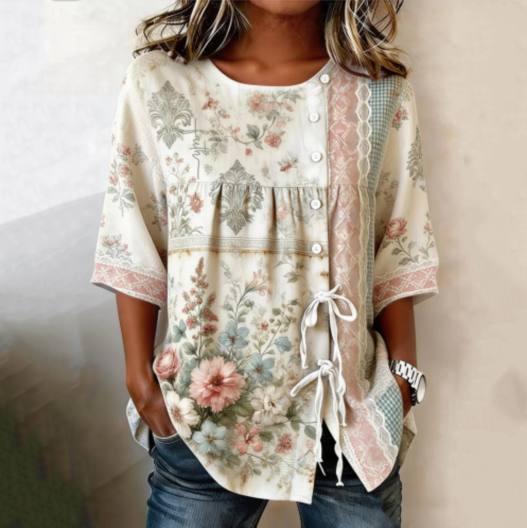Comstylish Women's Rose Patchwork Short-sleeve Top