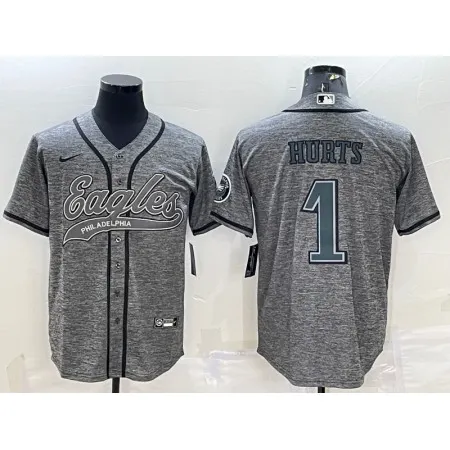 Men's Philadelphia Eagles #1 Jalen Hurts Grey With Patch Cool Base Stitched Baseball Jersey A83J