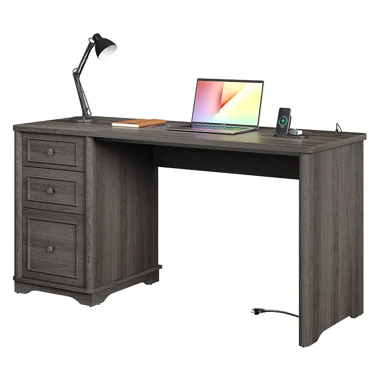 Bestier 59" Computer Desk with Power Outlets & Drawers, Home Office Writing PC Table, Large Workstation with Storage File Cabinet