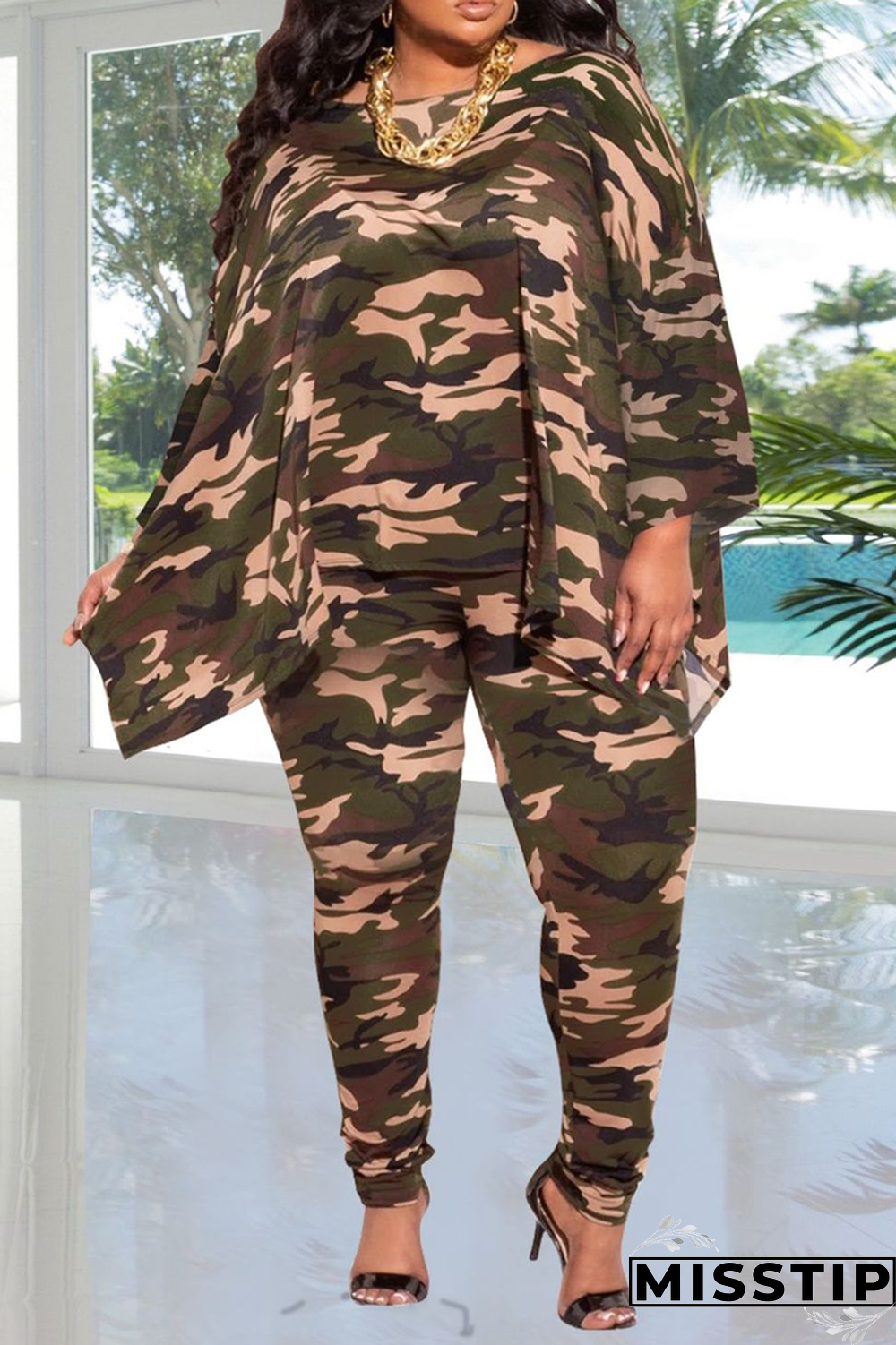 Camouflage Casual Patchwork Tie-dye V Neck Plus Size Two Pieces