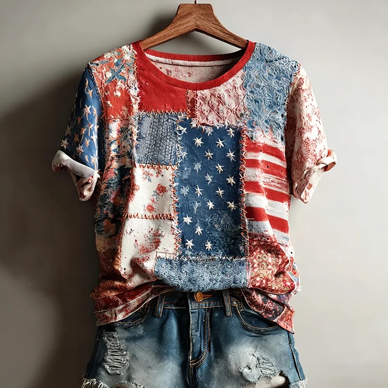  Women's Independence Day Patchwork Design Printed T-shirt Westsshops