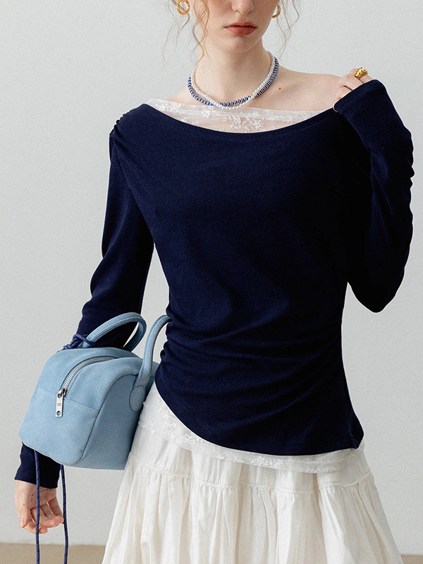 Patchwork Lace Off The Shoulder Long Sleeve Blouses