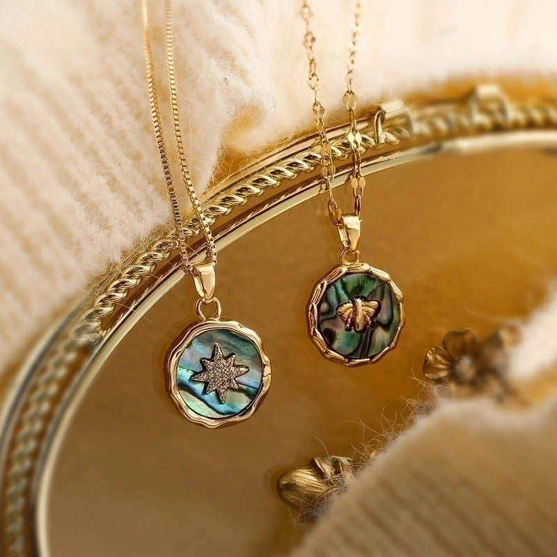 Vintage Style Minimalist Commute Star Bee Copper Plating Inlay Shell Zircon 18k Gold Plated Pendant Necklace