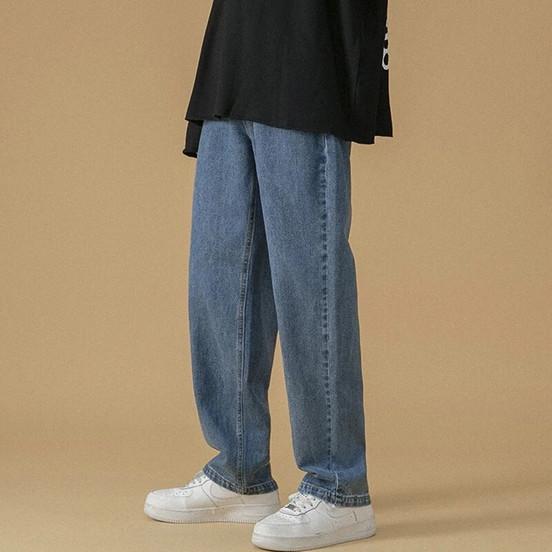 Aonga Mens Korean Fashoins Harem Blue Jeans Pants 2021 Vintage Straight Pants Harajuku Jeans Baggy Free Belt Wide Leg Denim