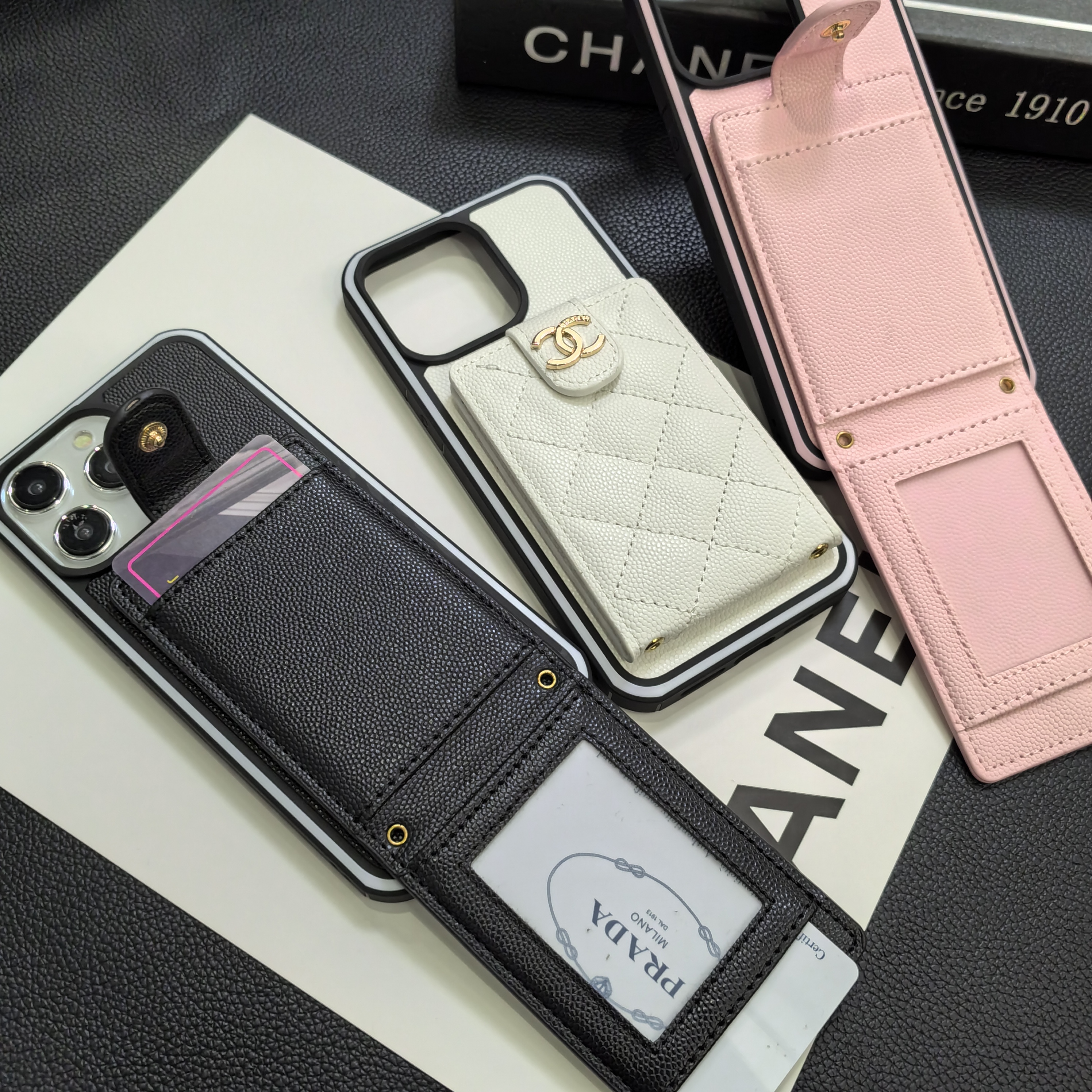 Luxurious Lambskin Chanel Button Card Holder iPhone Case Crossbody