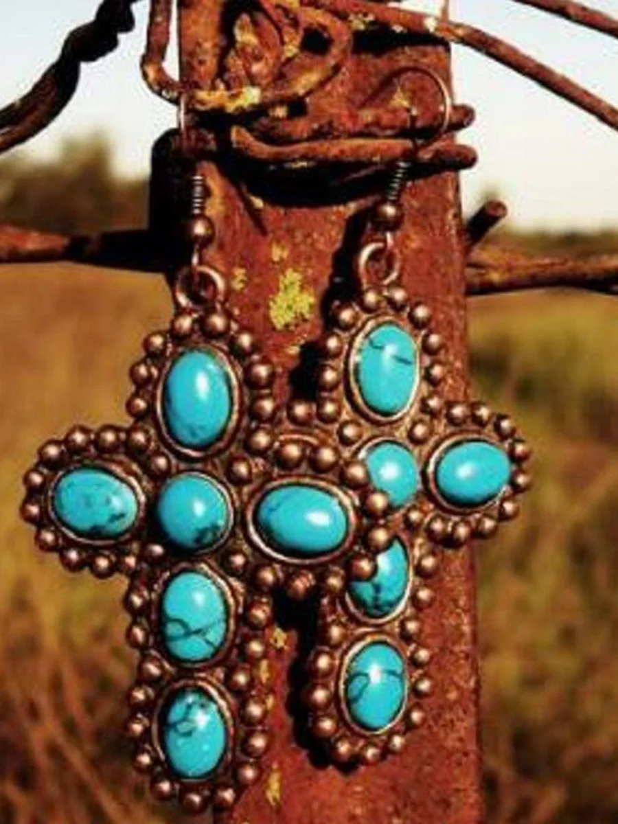 Vintage Cross Pattern Turquoise Earrings