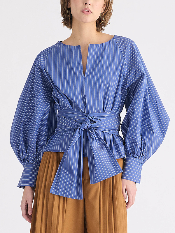 Striped Lantern Long Sleeve Matching Belt Shirt