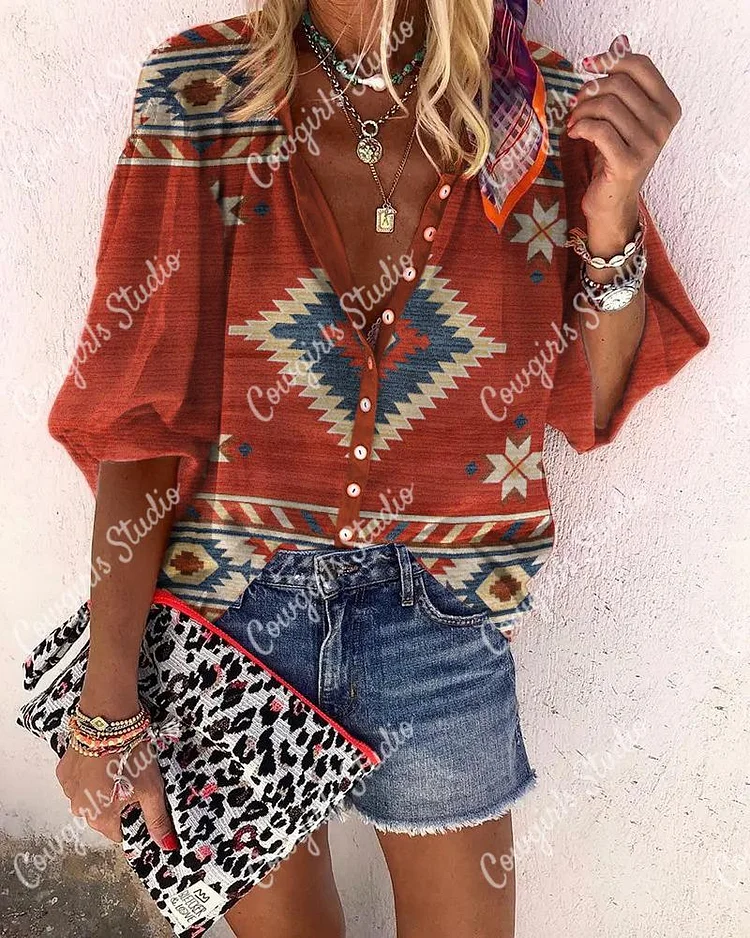 Casual Red Geometric Button-Up Shirt