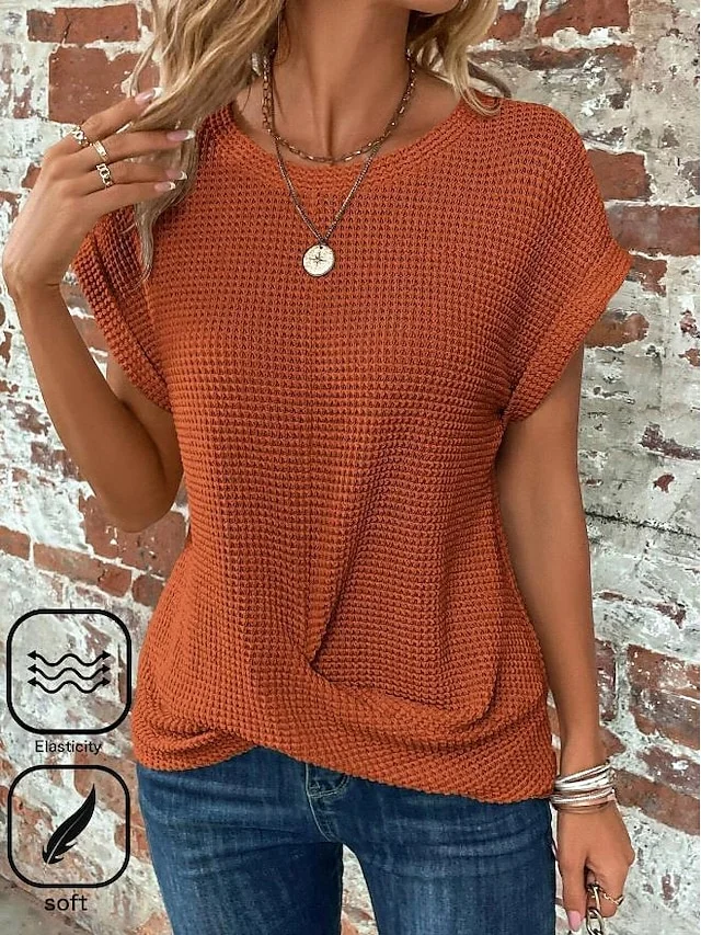 Women's Orange Short Sleeve Elegant Bohemian Round Neck T-shirts socialshop