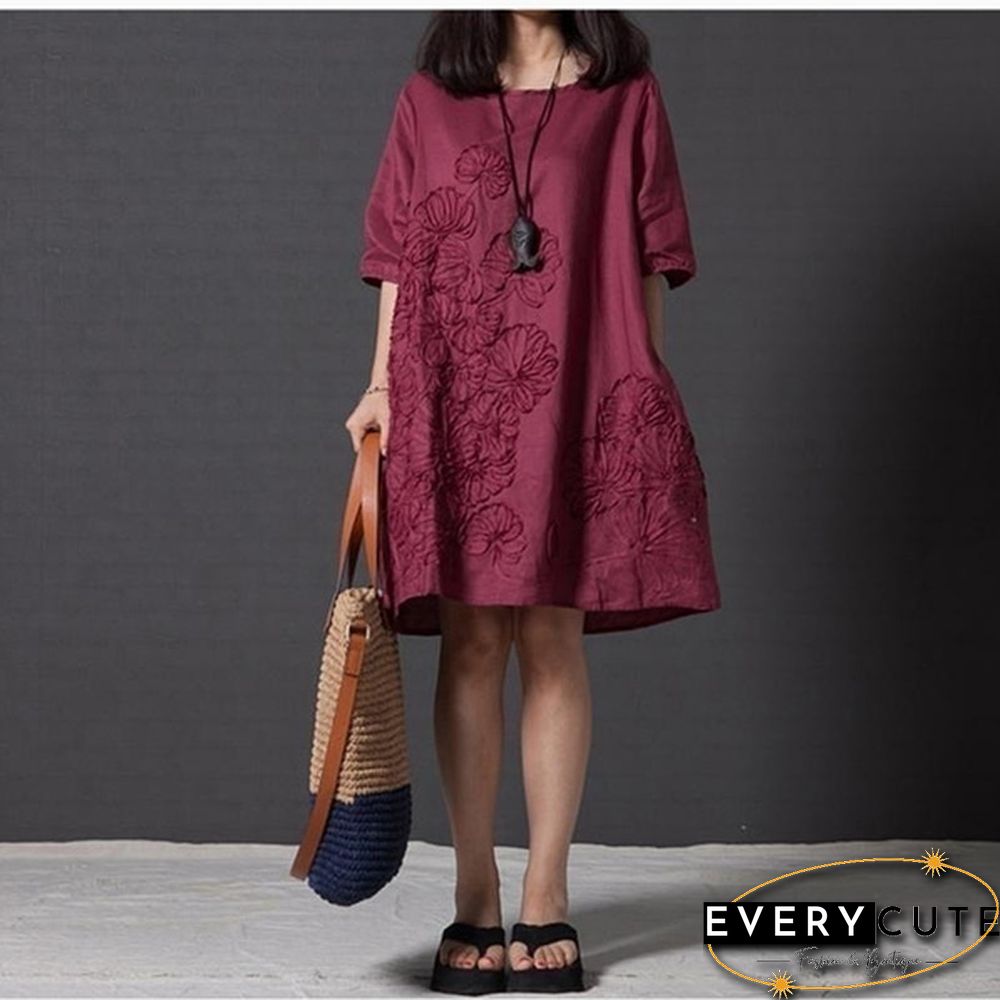 Women Fashion Summer Style T -shirt Loose Cotton Embroidered Casual Dress Plus Size Ladies Linen Dress