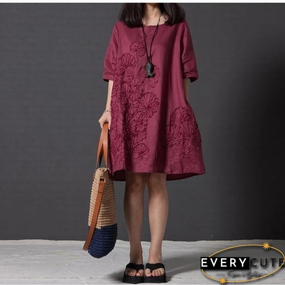 Women Fashion Summer Style T -shirt Loose Cotton Embroidered Casual Dress Plus Size Ladies Linen Dress