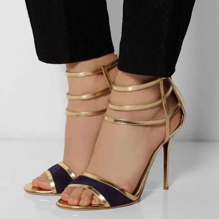 Women's Golden Back Zipper Stiletto Heels Open Toe Sandals |FSJ Shoes