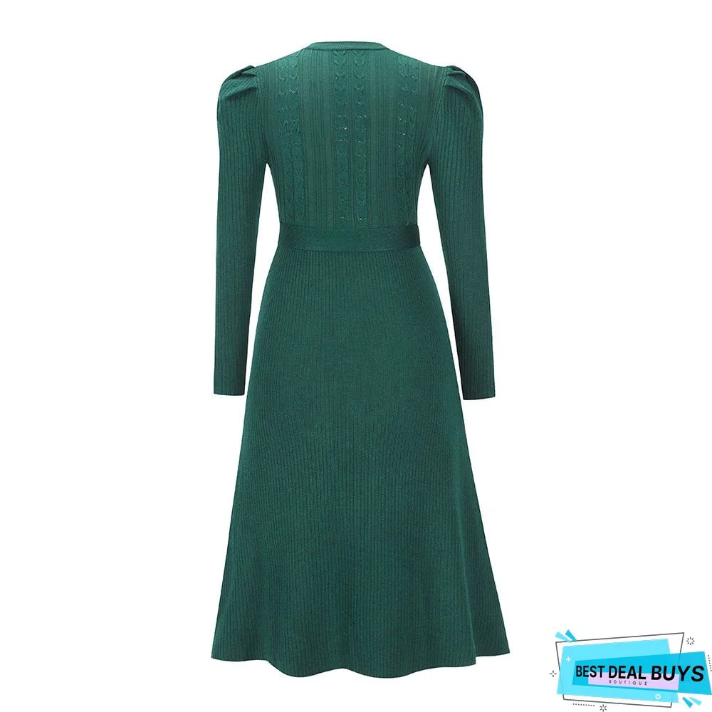 Bubble Long Sleeve Knitted Skirt Medium Long Wool Dress Black Dresses