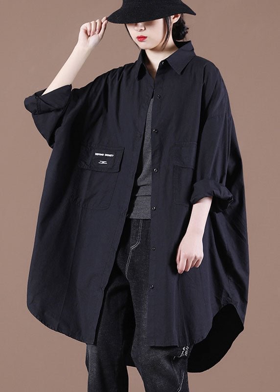 Handmade Black Loose Button asymmetrical design Fall Top Long sleeve CK2075- Fabulory