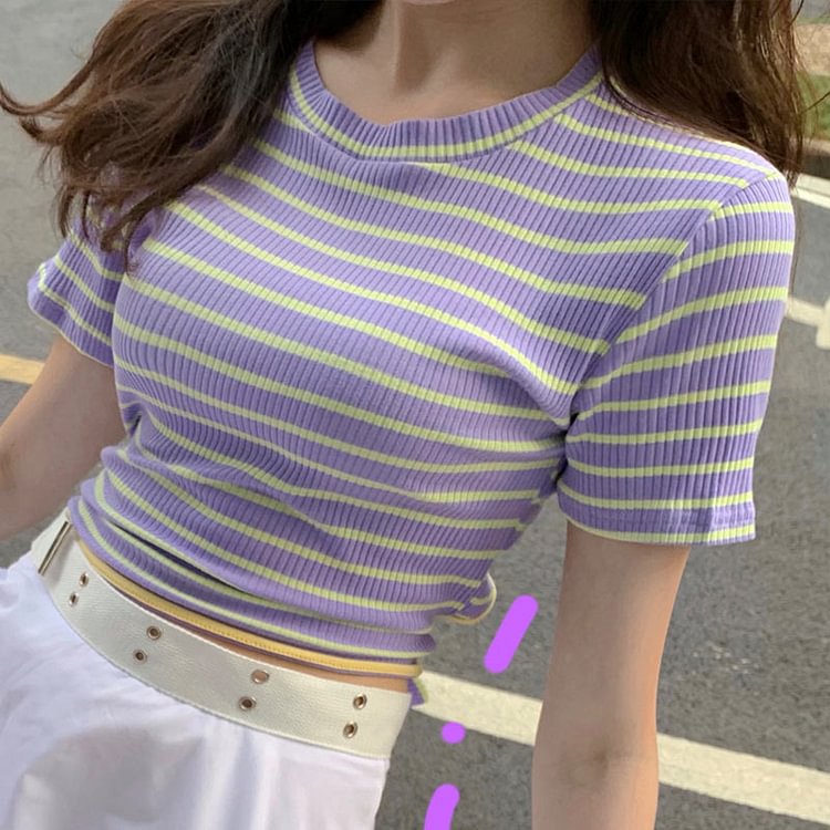 Stripe Backless Lace Up T-Shirt Pleated Skirt Set - Modakawa Modakawa