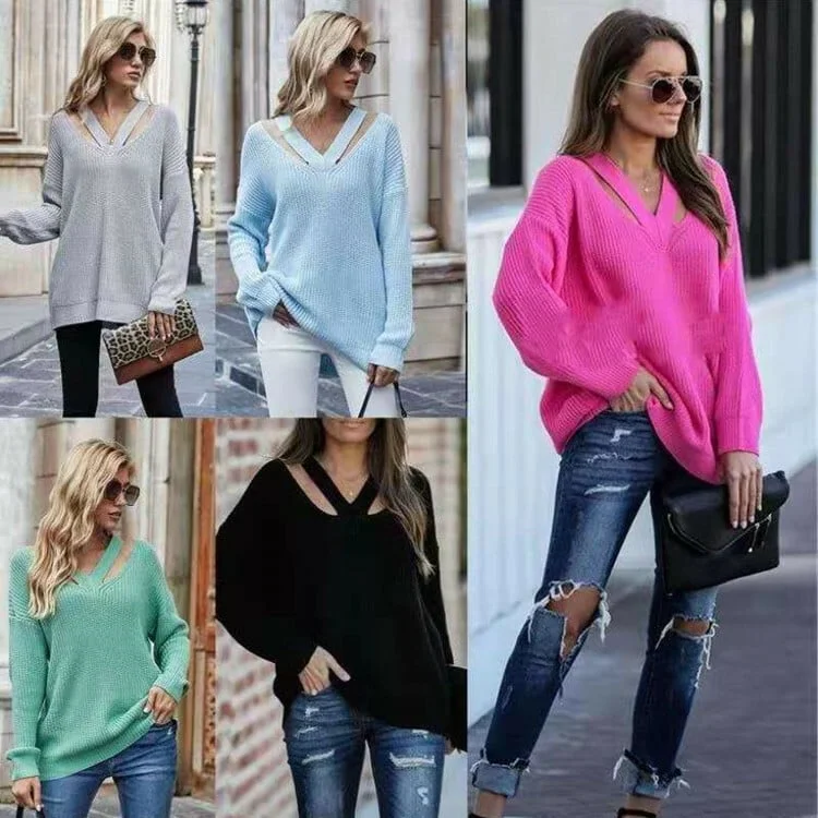 Hollowed-Out Casual V-Neck Sweater