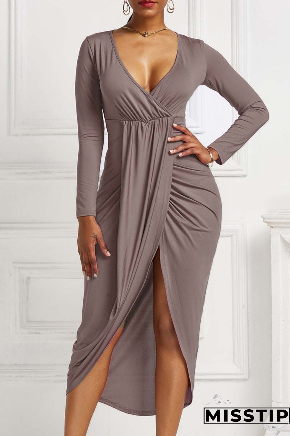 Ink Green Casual Solid Patchwork V Neck Long Sleeve Dresses