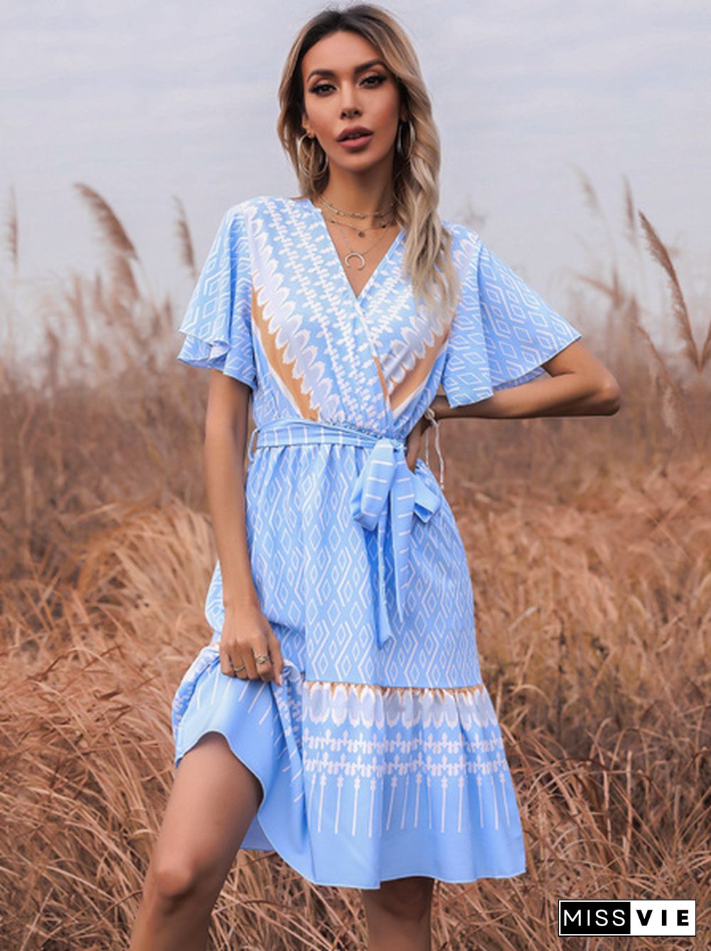 Tribal Print Flutter Sleeve Tie Side Warp Dress