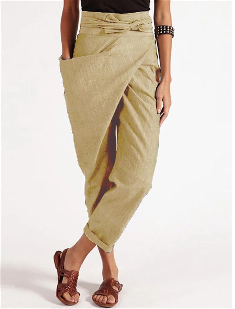 Brownm Irregular Lace Up Cropped Casual Pants