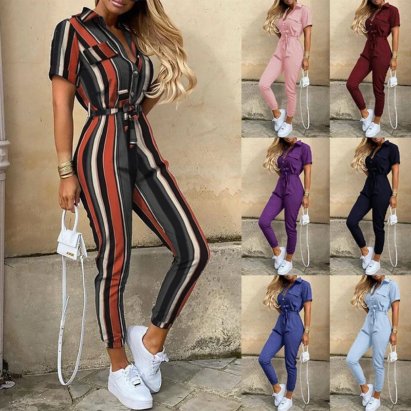 Women's Casual Lapel Printed Belt Tooling Jumpsuit Casual Suit