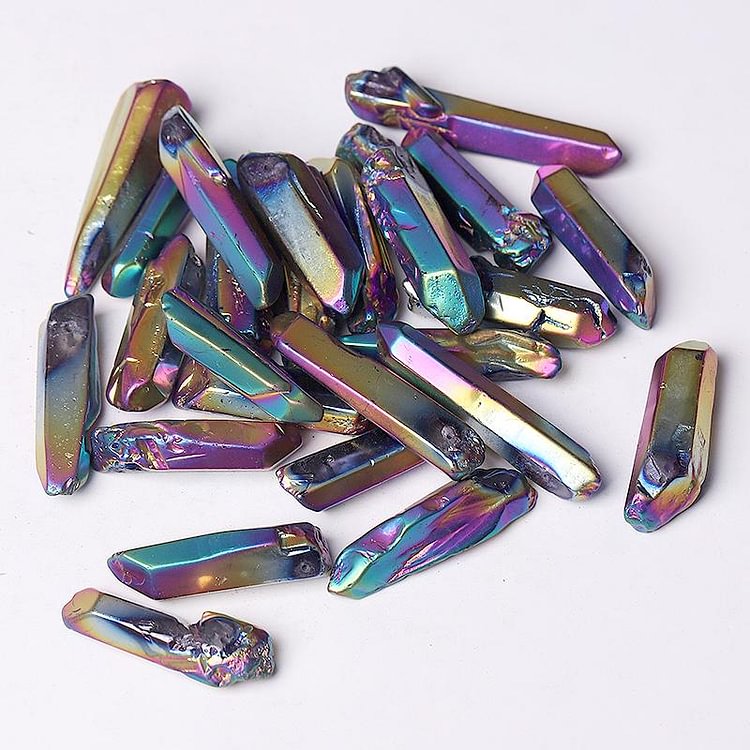 Drilled Titanium Aura Quartz Crystal Points Raw Rough Clear Rock Quartz Sticks