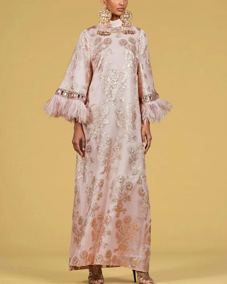 Pink jacquard feather kaftan