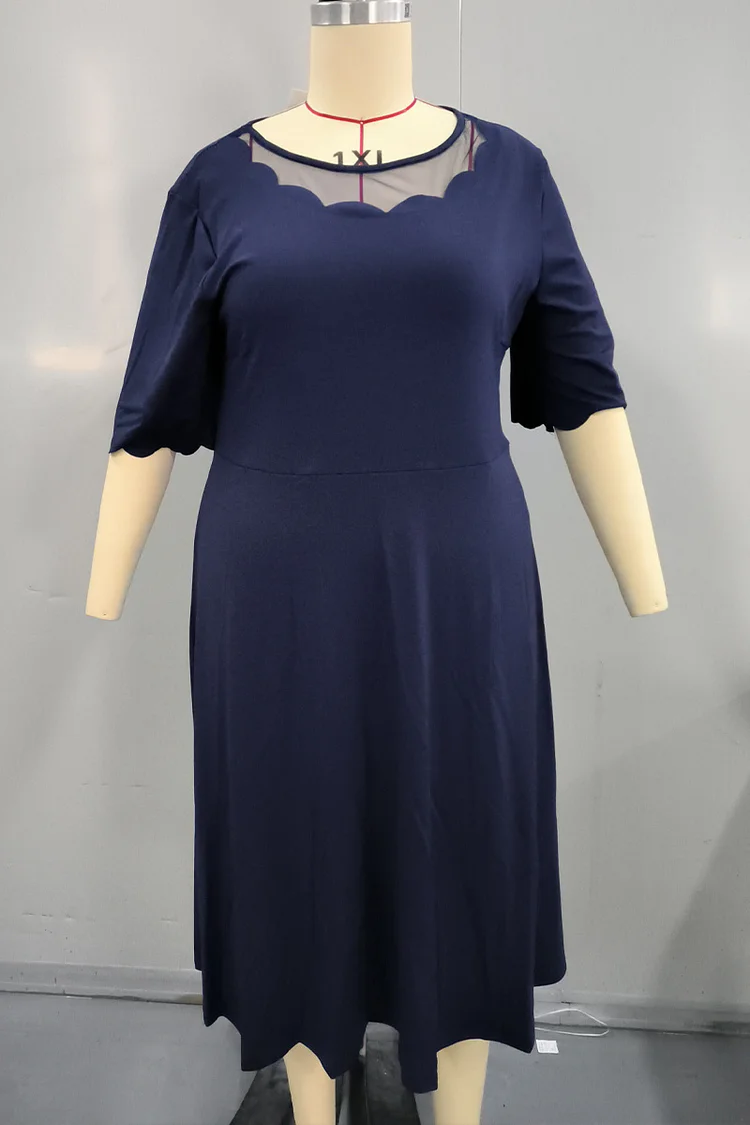 Plus Size Mesh Stitching Short Sleeve A Line Tunic Midi Dress  Flycurvy [product_label]