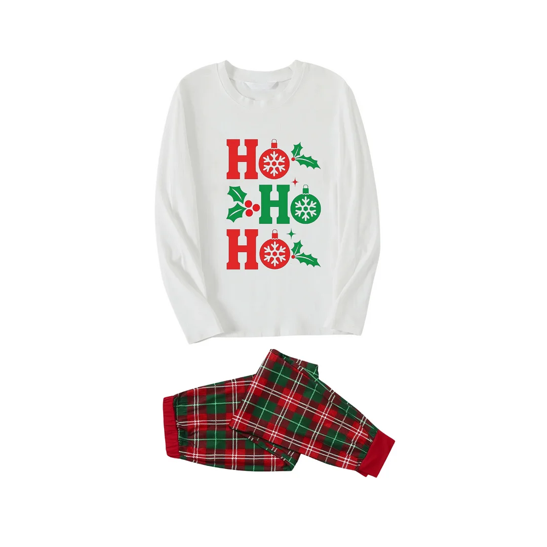 "HO HO HO" Letter Christmas 2024 White Long Sleeve Top with Red & Green Plaid Family Matching Pajamas
