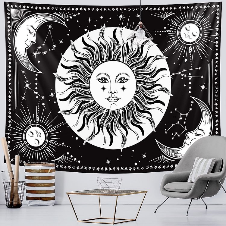 Black and white sun and moon home decoration tapestry hippie bohemian decoration psychedelic scene background cloth yoga mat