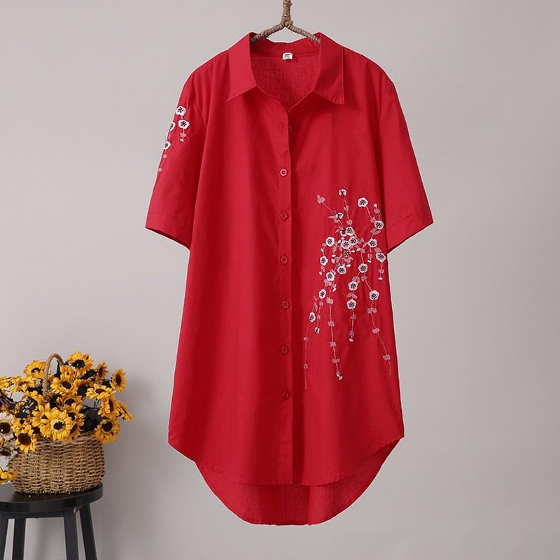 New Arrival Women Floral Embroidery Long Cotton White Blouse Summer Short Sleeve White Female Shirt Turn-Down Collar Top T96408F