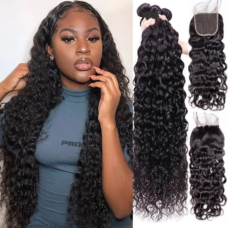12A 4PCS + 5X5 HD Lace Closure Water Wave 100% Human Hair Extension With Lace Closure