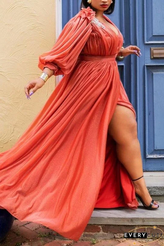 Plus Size Plain Dresses Long Sleeve Lantern Sleeve Maxi Dress