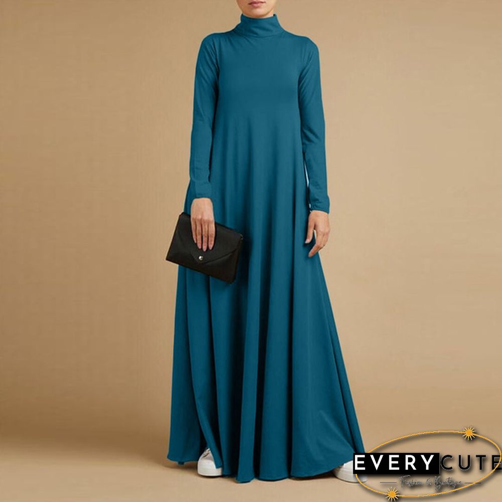 Women Autumn Elegant Plain Kaftan Long Shirt Dress Turtleneck Loose Full Sleeve Midi Dress Plus