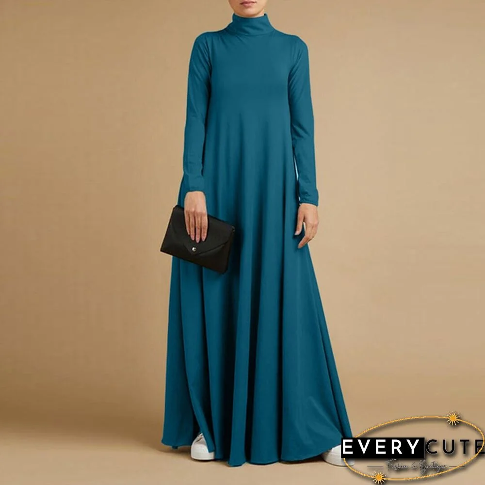 Women Autumn Elegant Plain Kaftan Long Shirt Dress Turtleneck Loose Full Sleeve Midi Dress Plus
