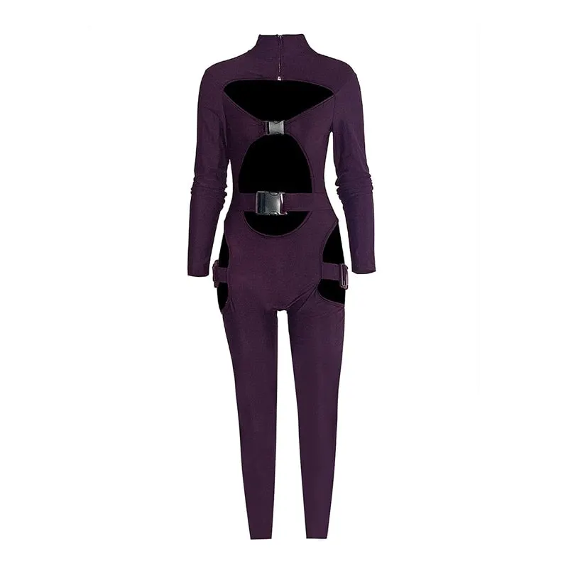 Sexy Women Bodycon Jumpsuit Solid Color Overalls Long Sleeves Rompers Bodysuits High Neck Hollow Out Buckle Biker Short Clubwear