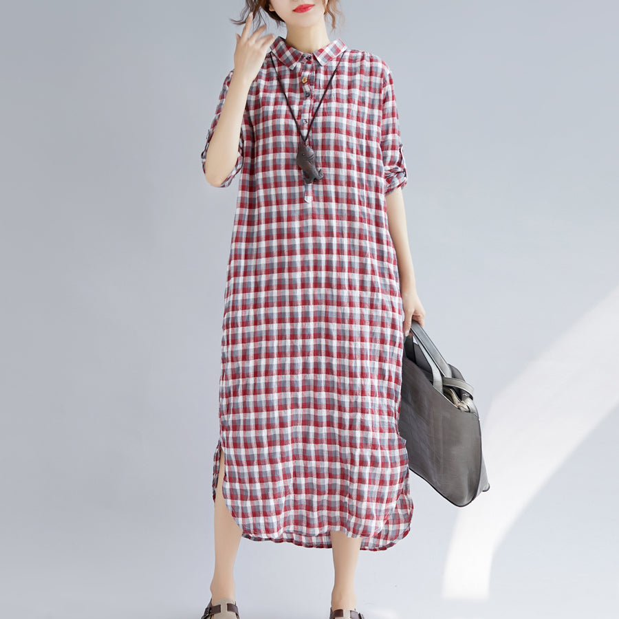 VCSHOES red Plaid cotton maxi shirt dress oversize Turn-down Collar gown 2018 long sleeve side open cotton shirt dresses