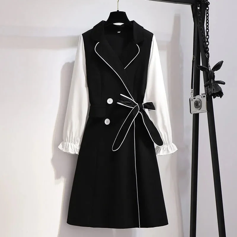 Black mini female dress 2022 new fashion casual bow tie waist flared sleeve Hepburn style suit collar elegant dresses for women