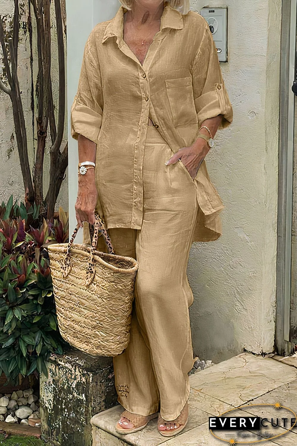 Button Up Roll Tab Sleeve Shirt & Pants Set