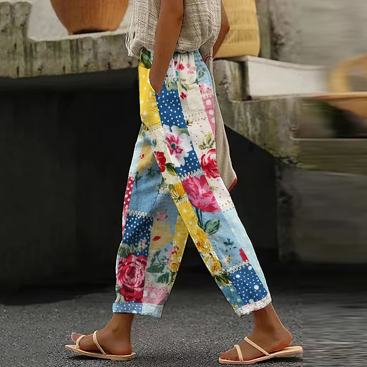 Simpfit Damen Vintage Floral Patchwork Nachahmung aus Nachahmung aus Baumwolle und Leinen Freizeithose